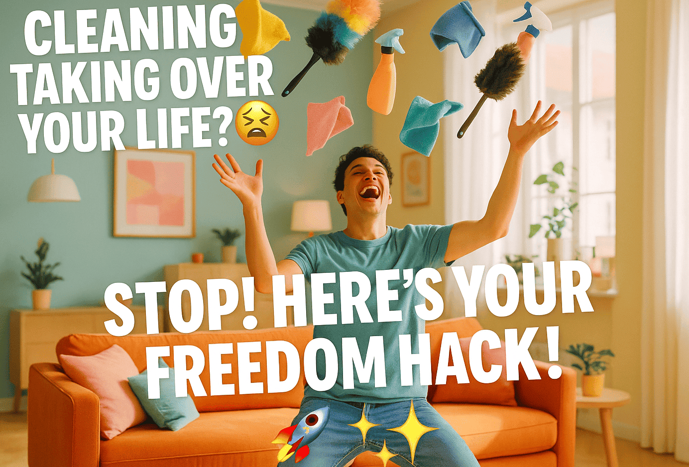 A joyful young adult happily tossing cleaning tools into the air in a bright, cozy, and stylish living room filled with pastel-colored decor and natural sunlight, with bold text saying: 'Cleaning taking over your life? STOP! Here's your freedom hack!