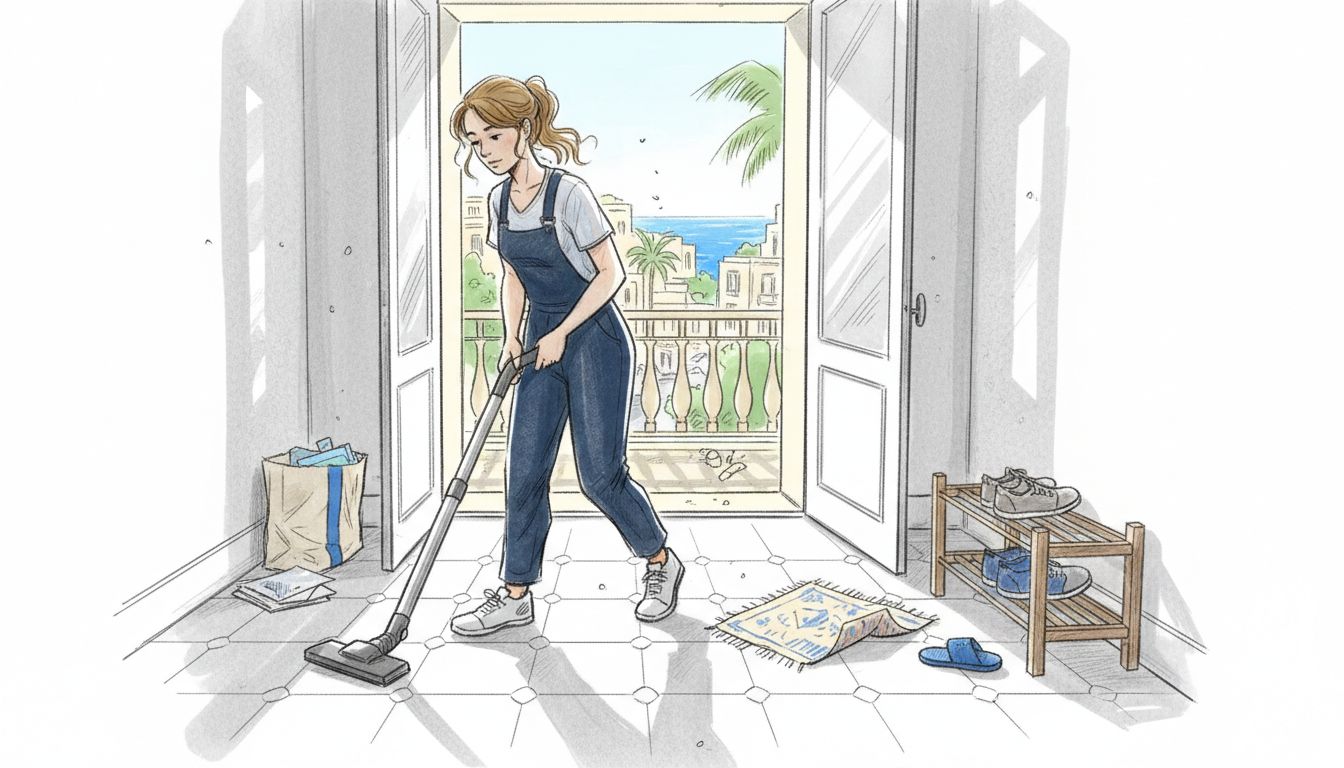 Cleaner vacuuming bright Maltese apartment hallway