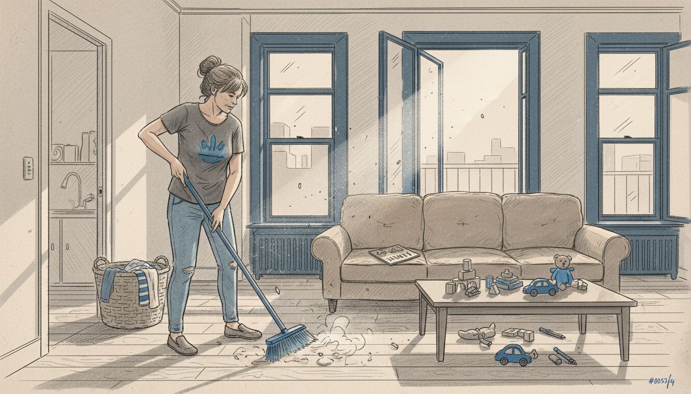 Woman sweeping cluttered apartment living room