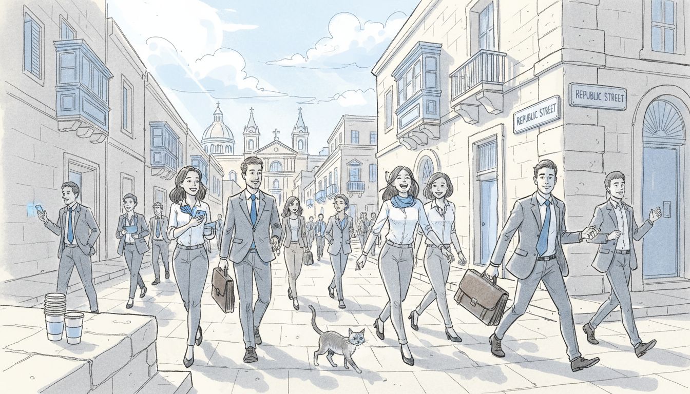 Young professionals walking in Valletta city street