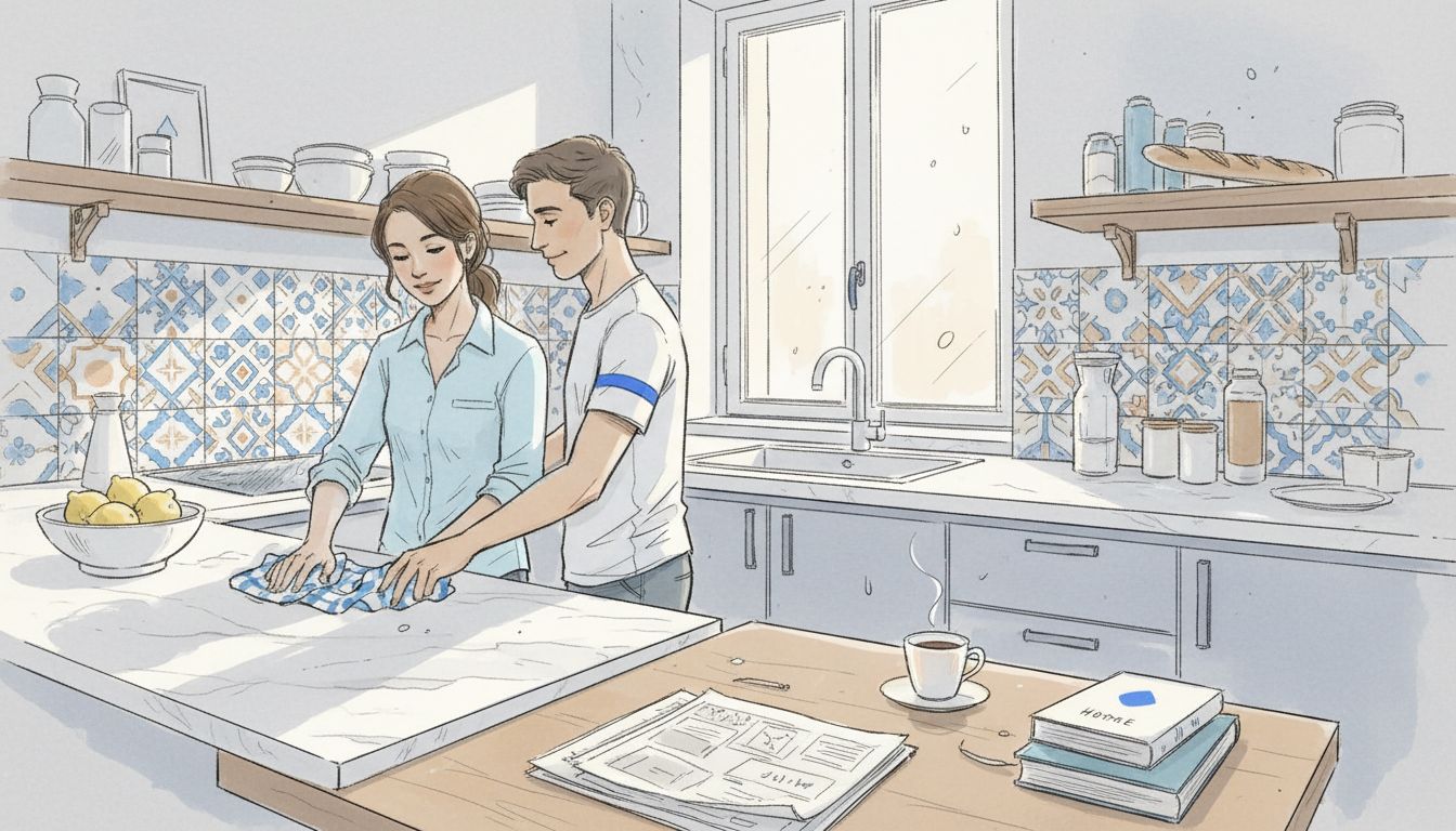 Maltese couple cleaning modern kitchen