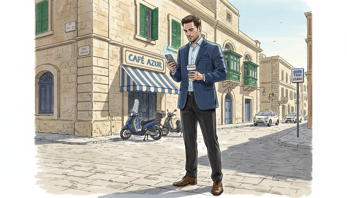 Professional checking phone on Valletta street