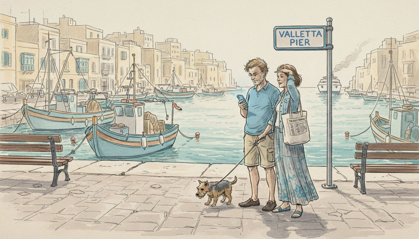 Couple walking dog at Malta harbor