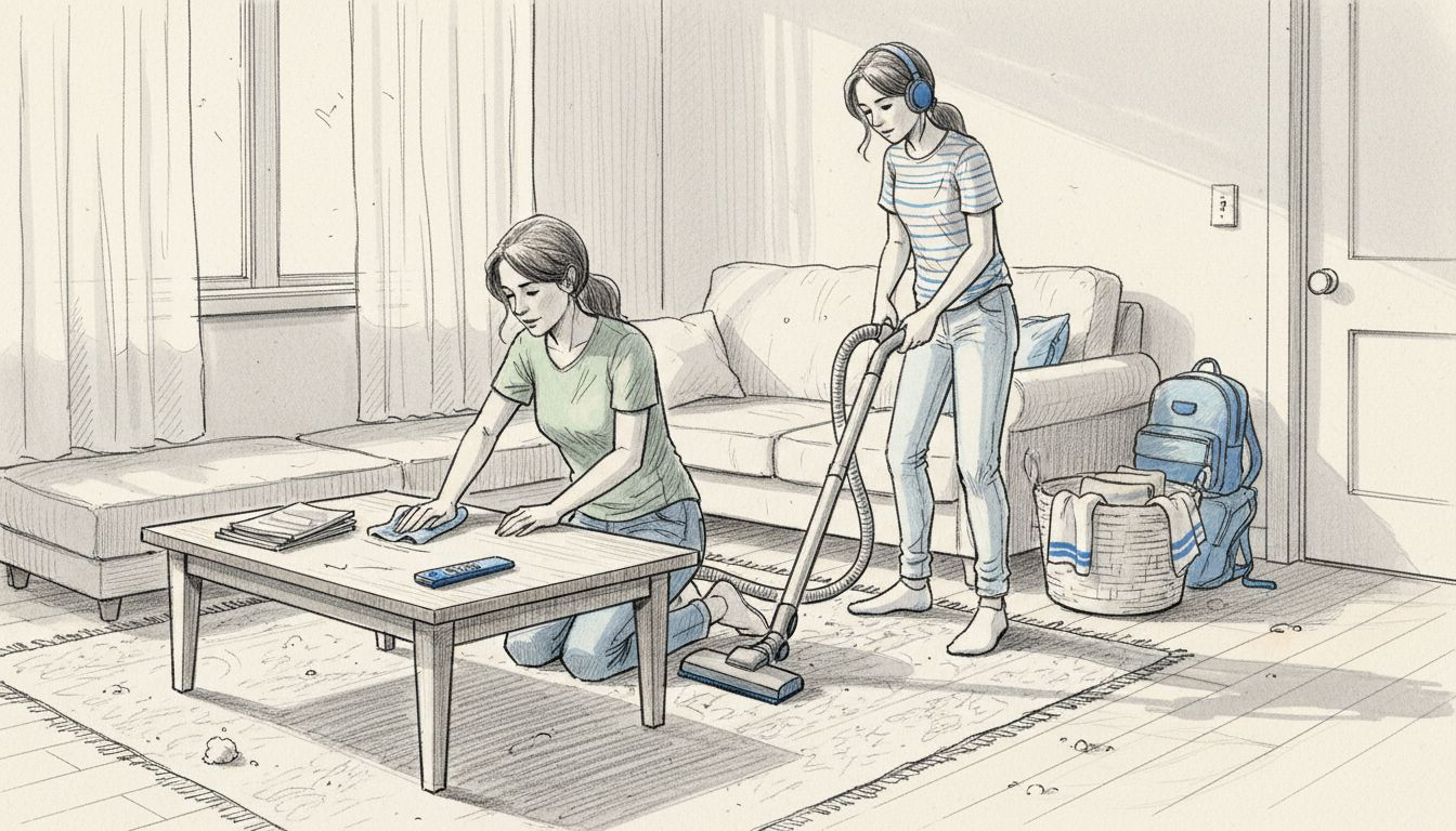 Family doing daily housekeeping chores together