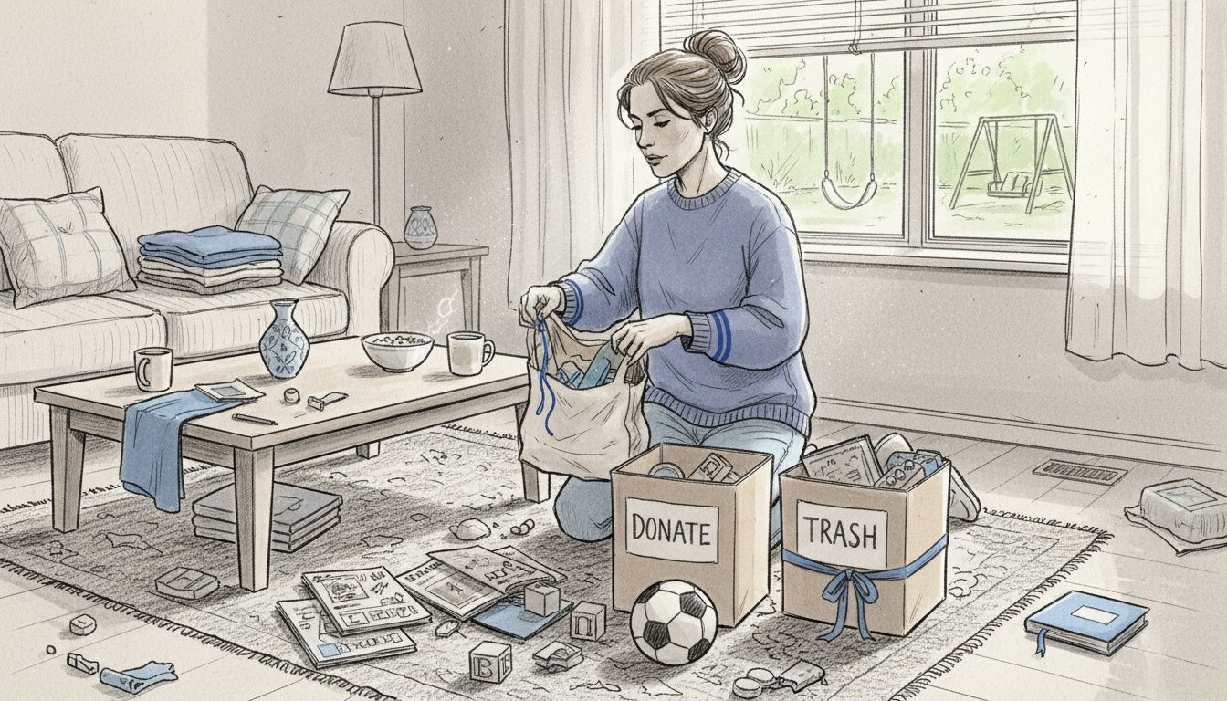 Woman sorting clutter in sunlit living room