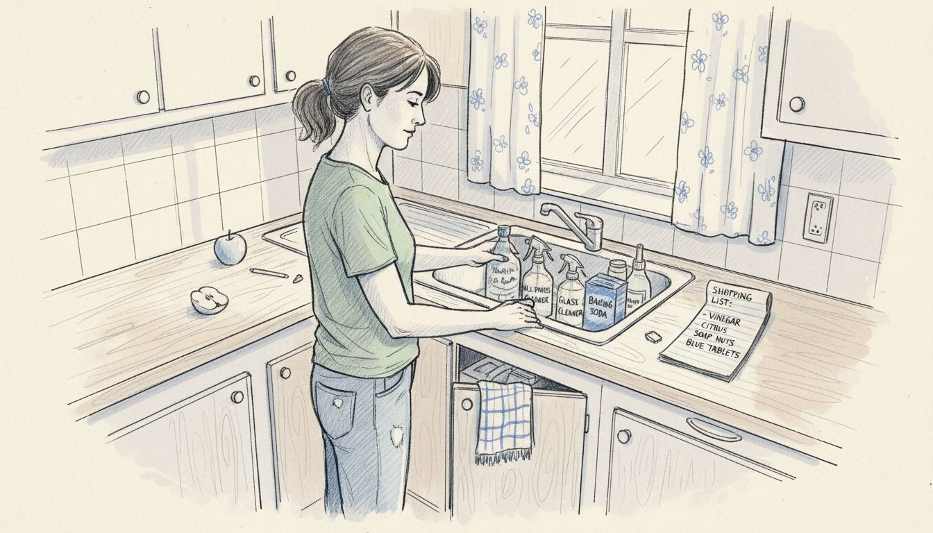 Sorting eco-friendly cleaning supplies in home kitchen