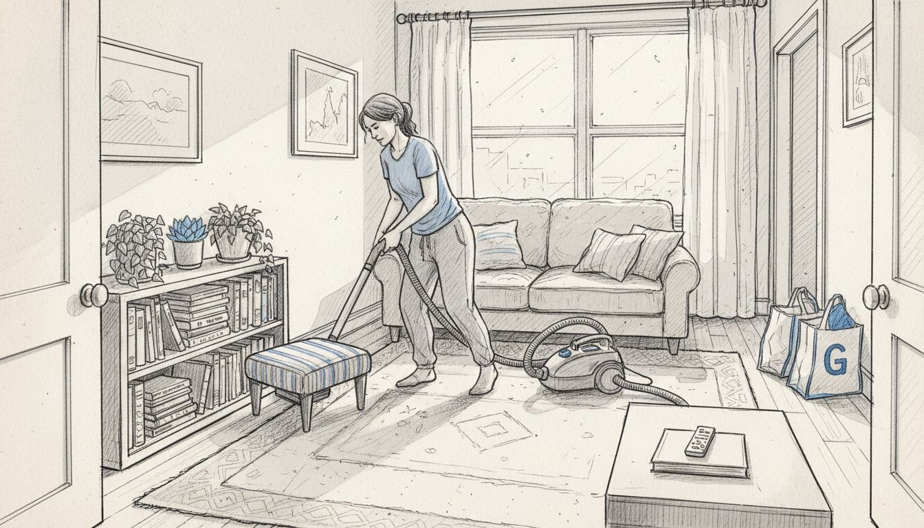 Woman deep cleaning living room scene