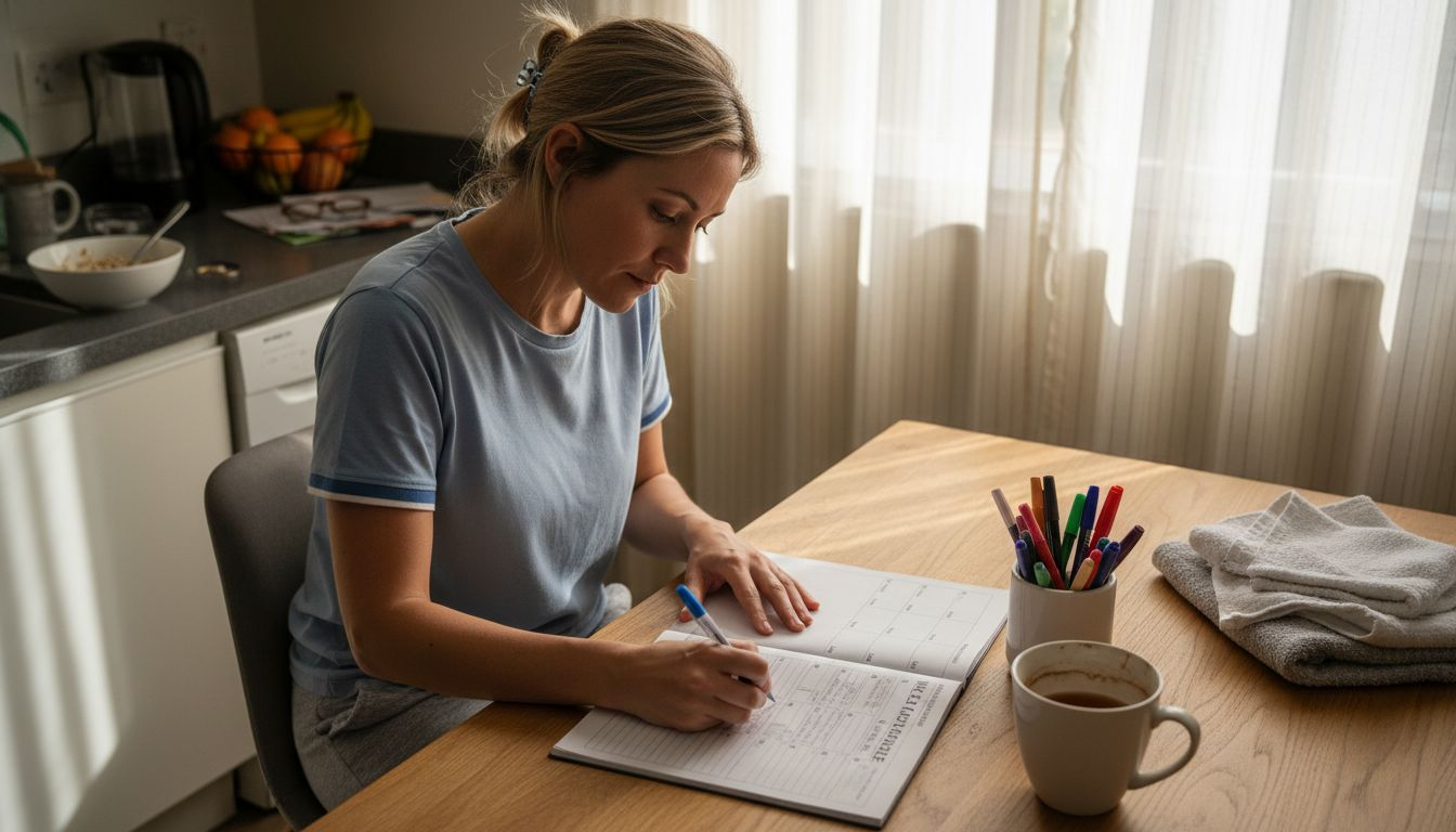 Woman writing weekly cleaning planner at home