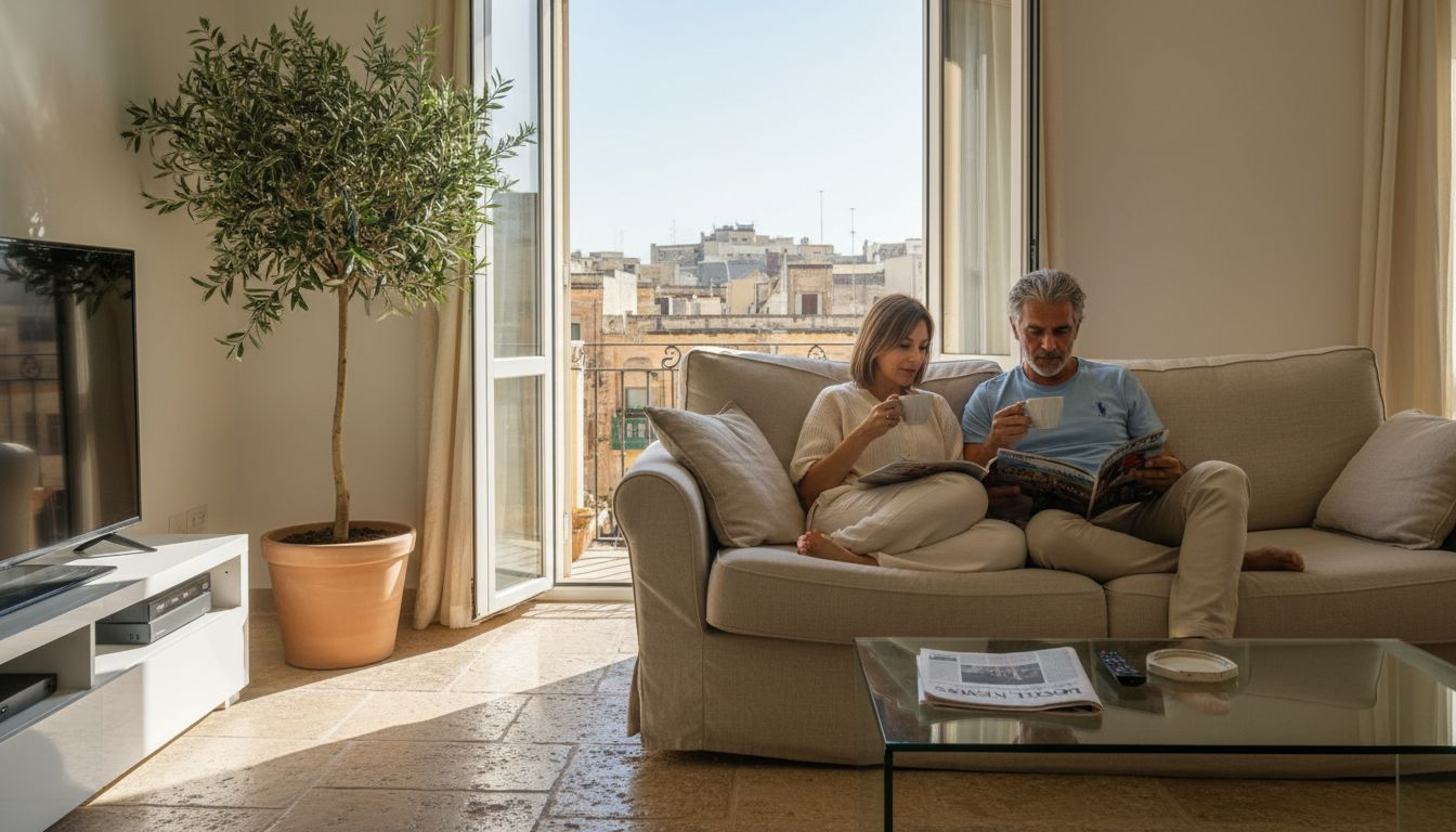 Couple relaxing in clean Maltese home