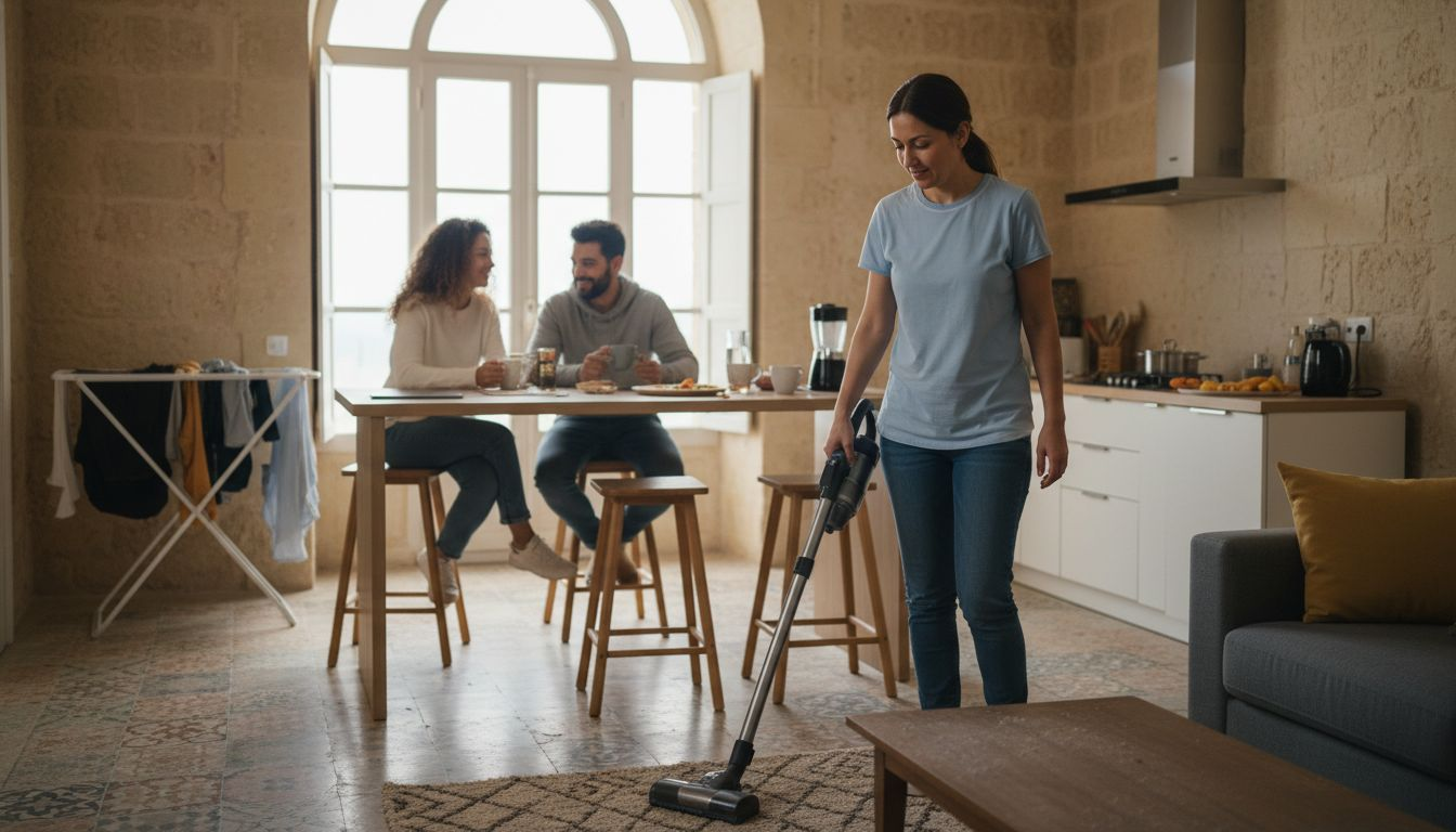 Cleaner working in bright Maltese apartment