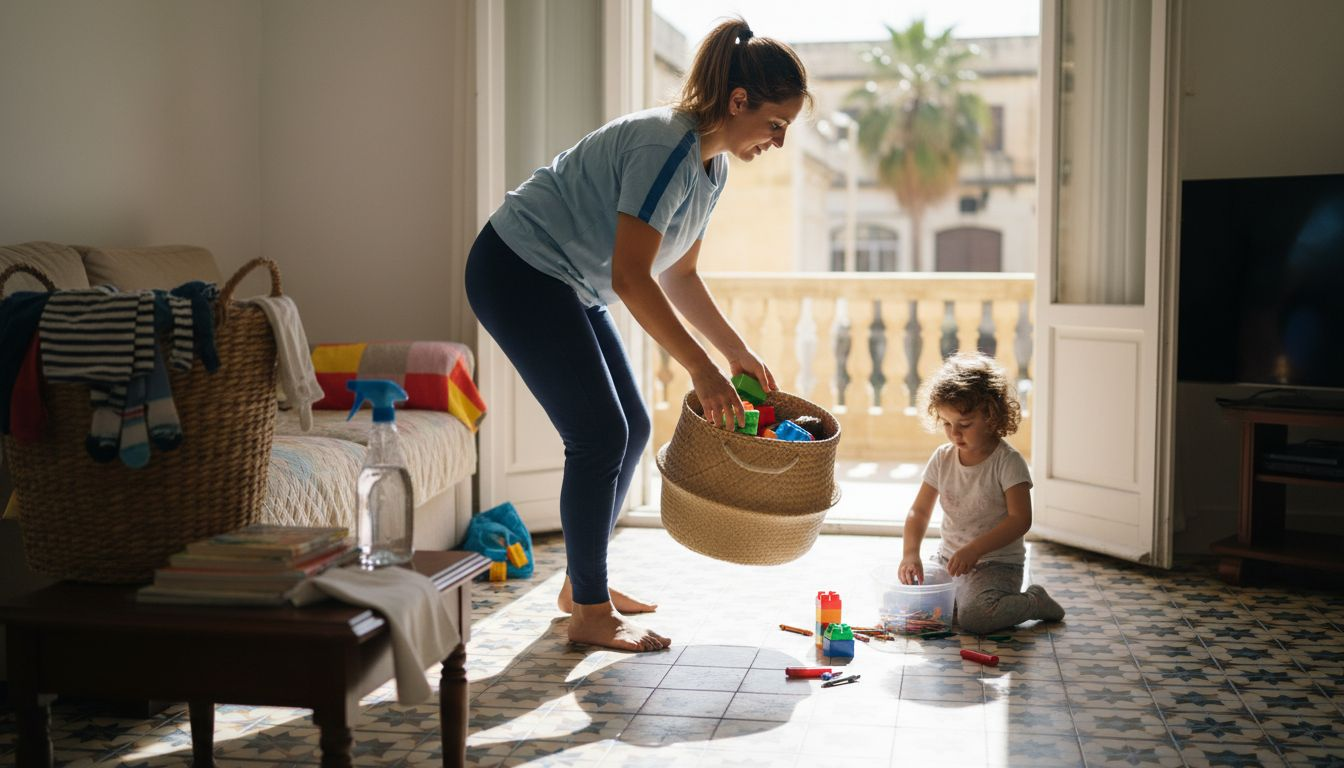 Mother and child quickly cleaning living room