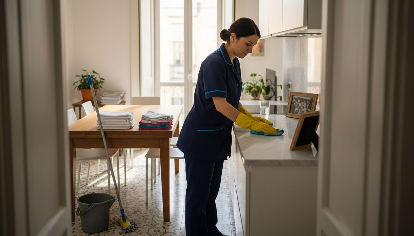 Maid wiping counter in sunlit Maltese home