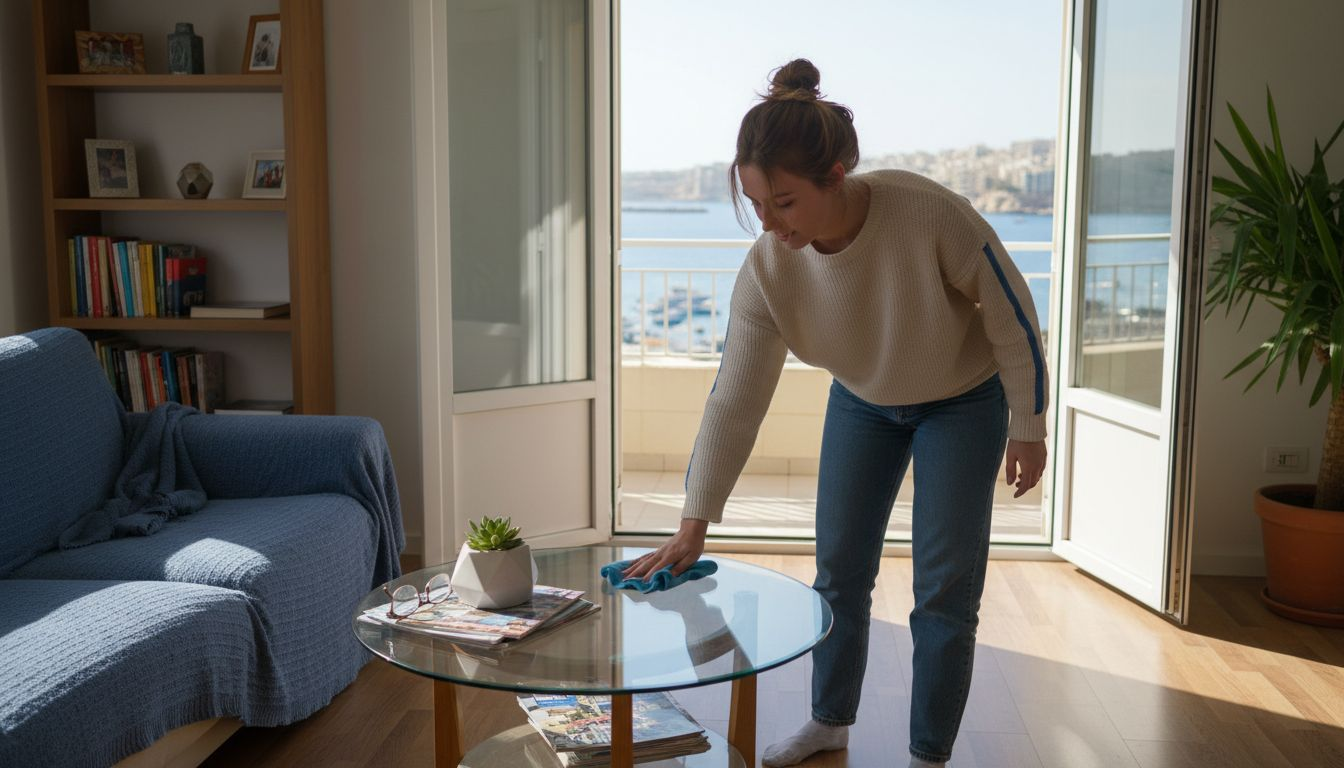 Expat tidying Sliema apartment living room