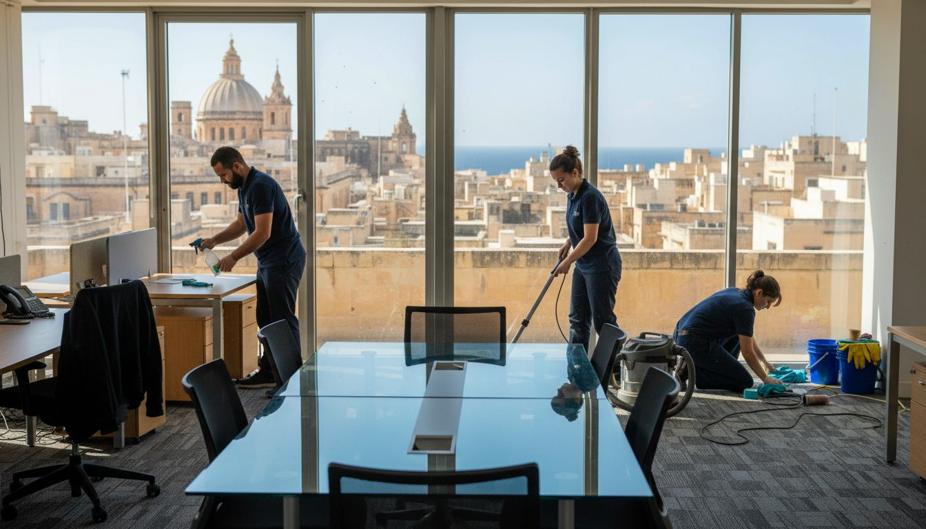 Team cleaning an open-plan Valletta office
