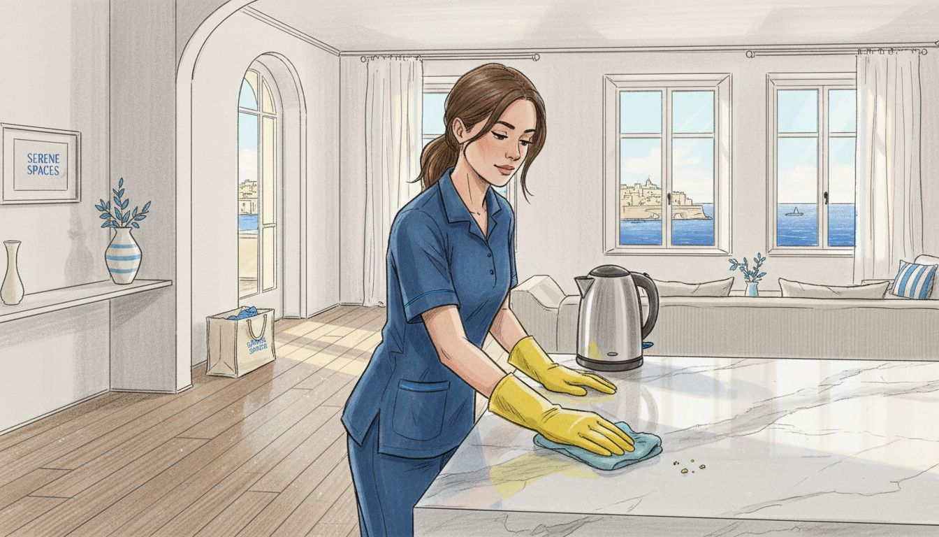 Professional cleaner wiping kitchen counter in Malta flat
