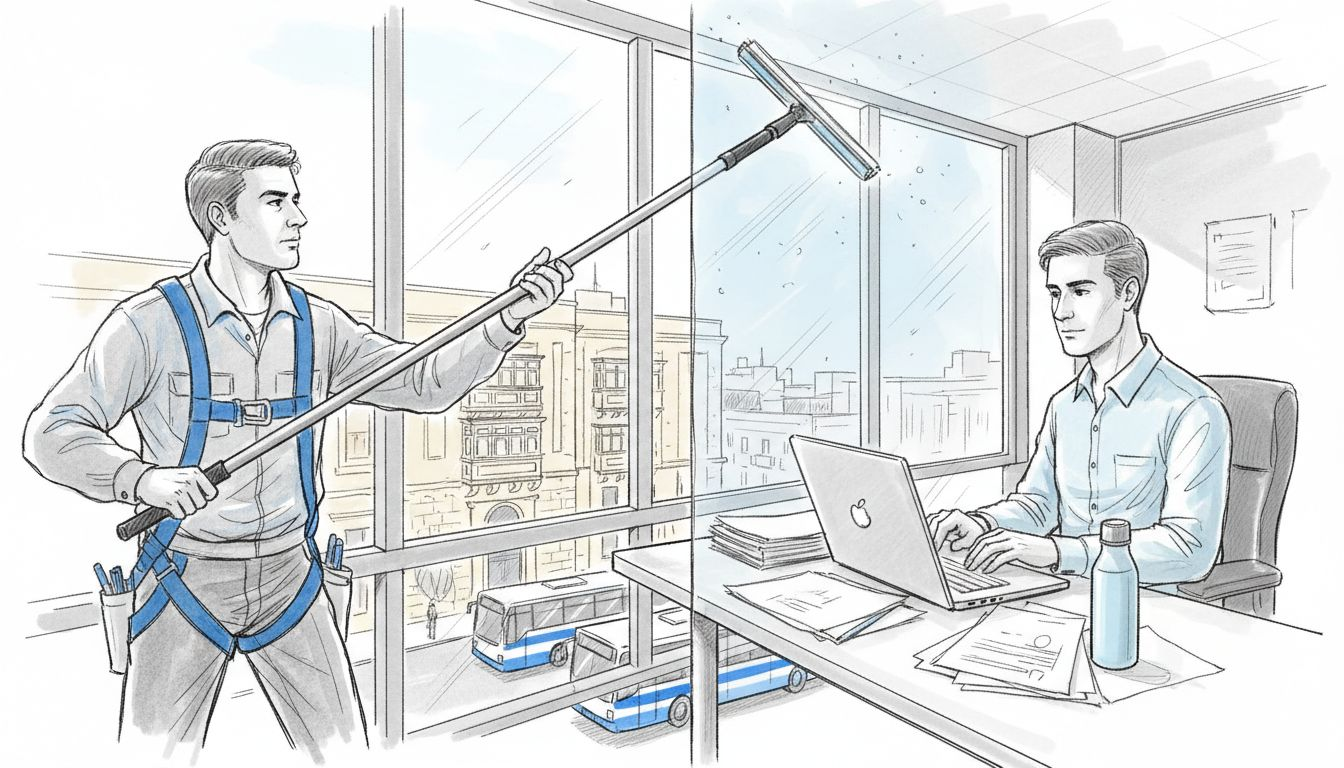 Window cleaner washing glass of Malta high-rise office
