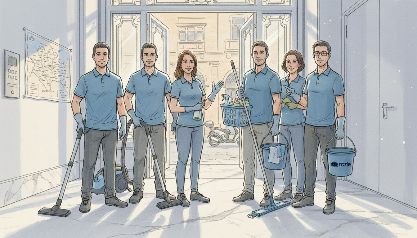 Cleaners group in Malta apartment entrance