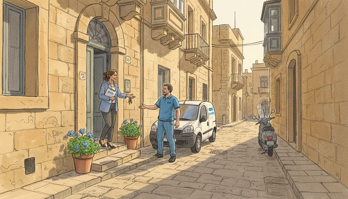 Property manager greeting cleaner outside Malta apartment