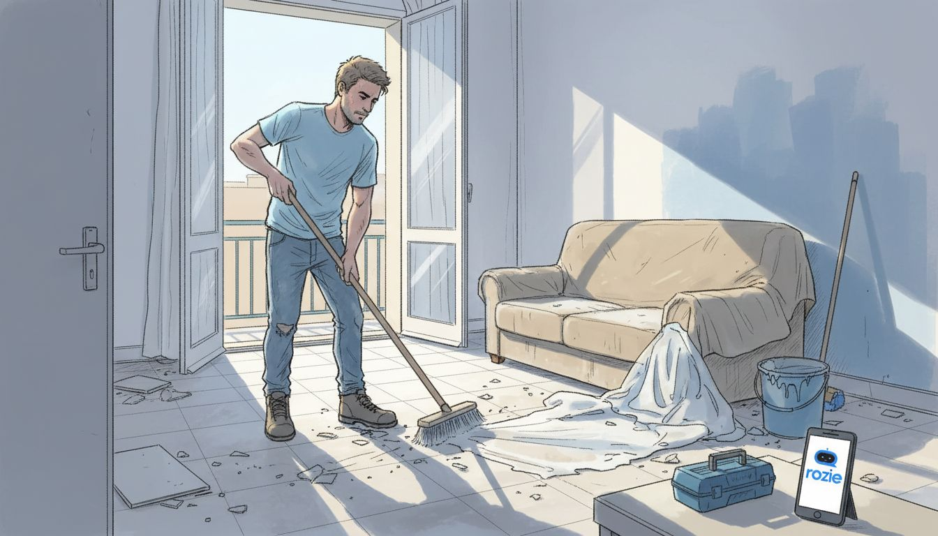 Cleaner sweeping post-construction dust in apartment