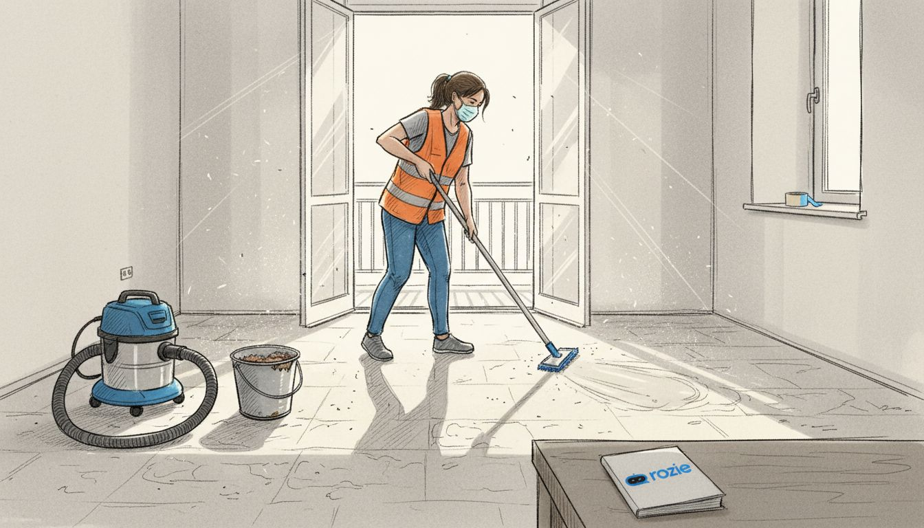 Cleaner mopping post-renovation Maltese apartment