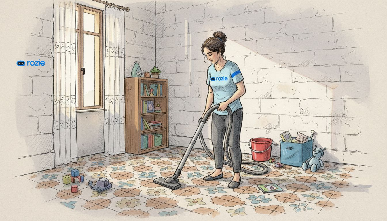 Maltese family deep cleaning living room