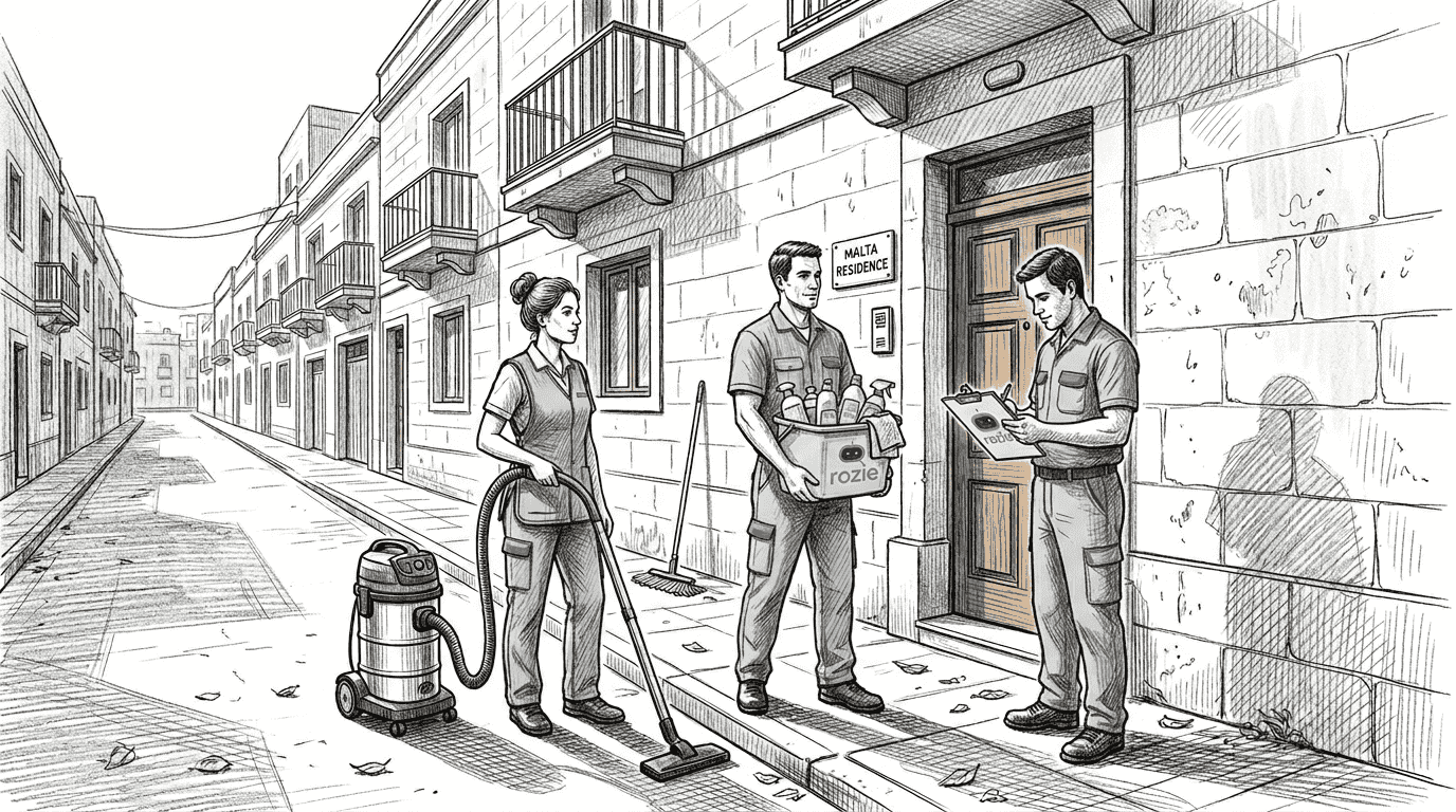 Cleaners outside Bugibba apartment building