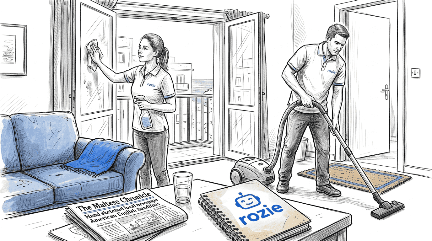 Cleaners working in a Bugibba apartment living room