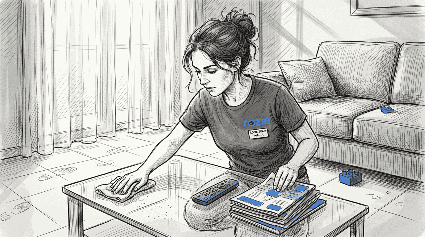 Cleaner tidying a Birkirkara apartment living room