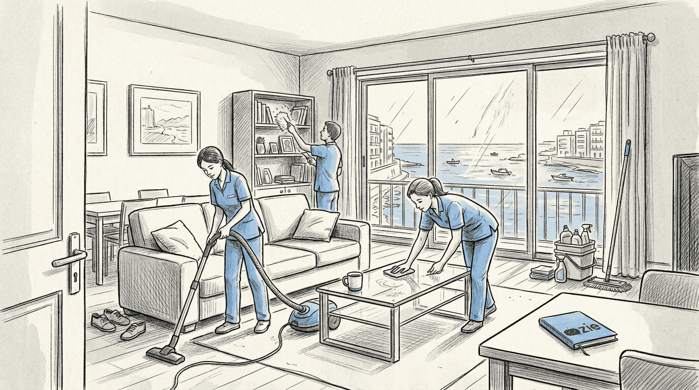 Maltese cleaning crew working in bright apartment