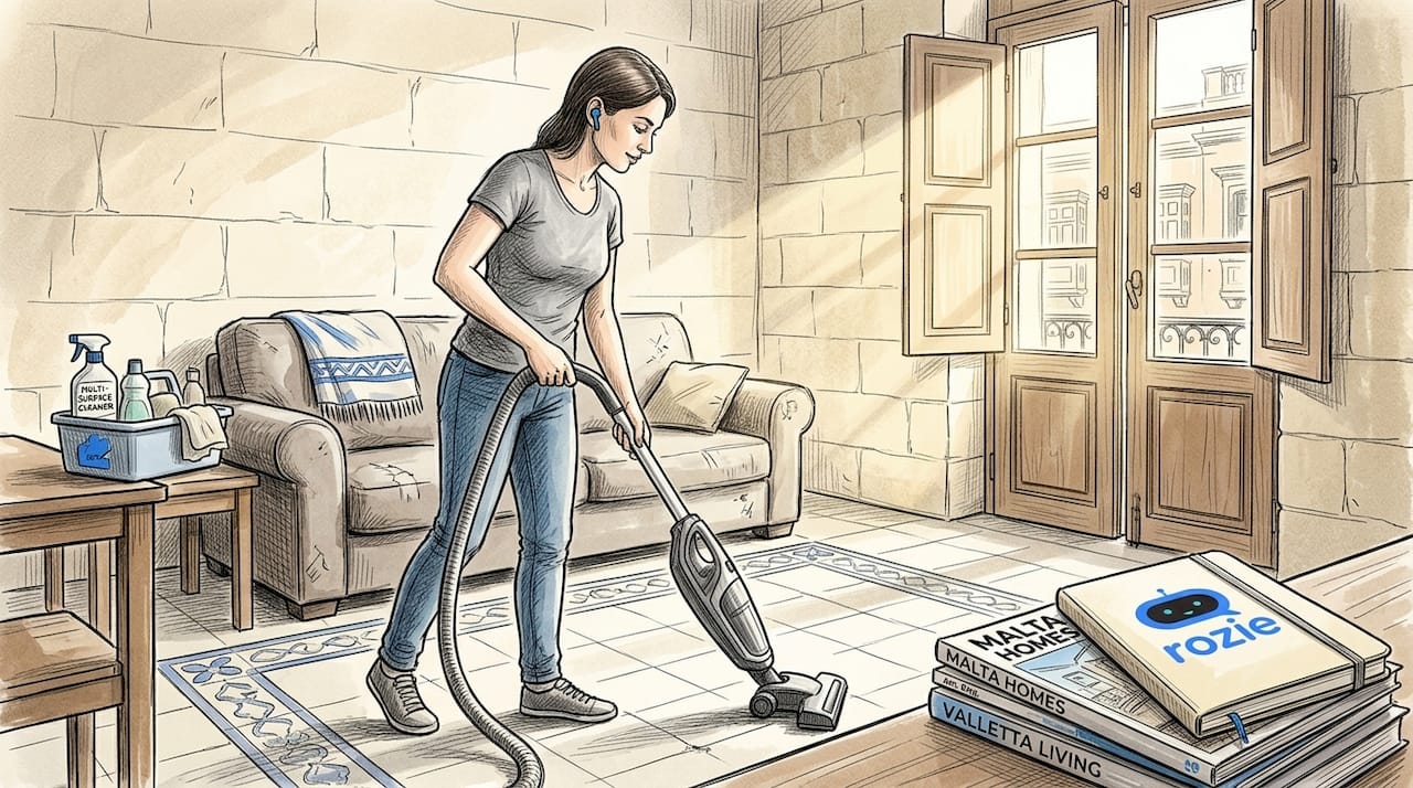 Maltese woman cleaning living room in Malta