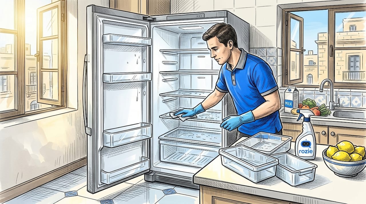 Cleaner wiping fridge interior in Maltese kitchen
