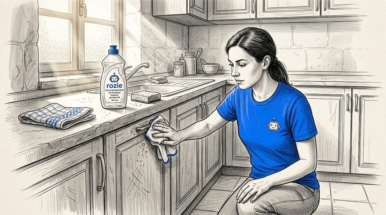 Cleaner wiping Maltese kitchen cabinet door