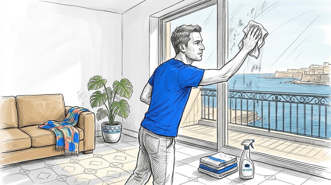 Man cleaning inside window in Maltese living room