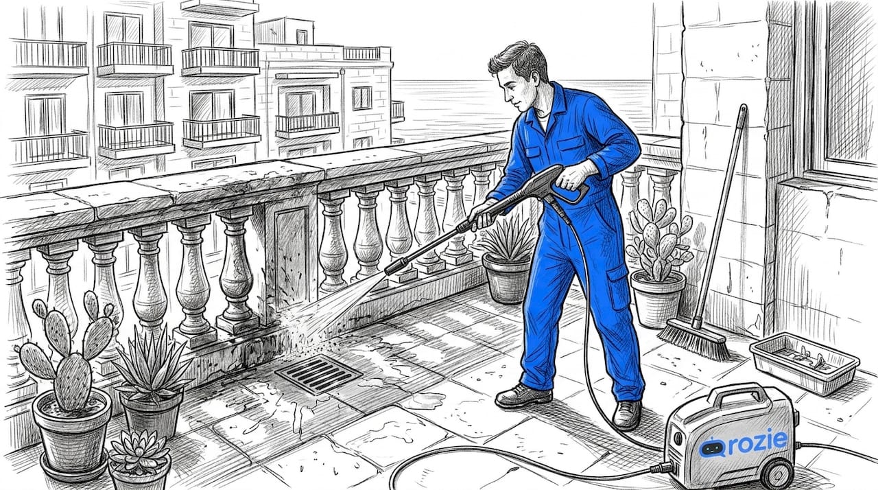 Cleaner using pressure washer on Maltese balcony