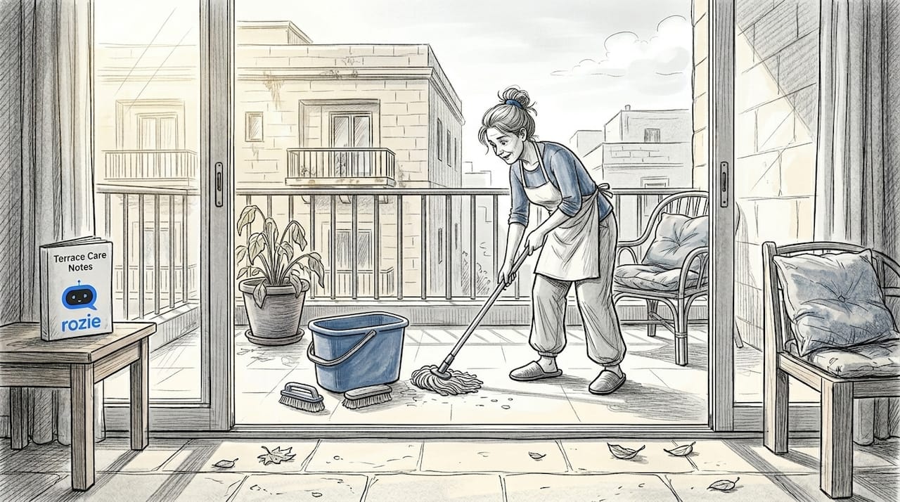 Woman cleaning Malta terrace in sunlight