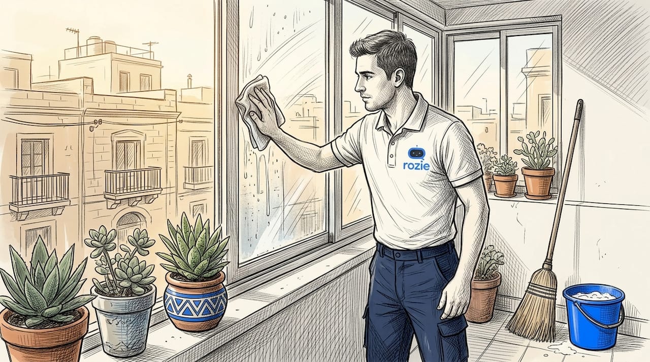 Window cleaner working on Malta terrace windows