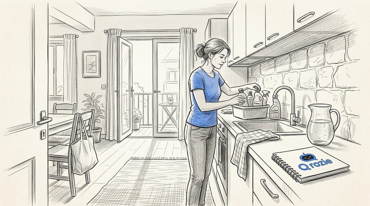 Host preparing cleaning supplies in Malta kitchen