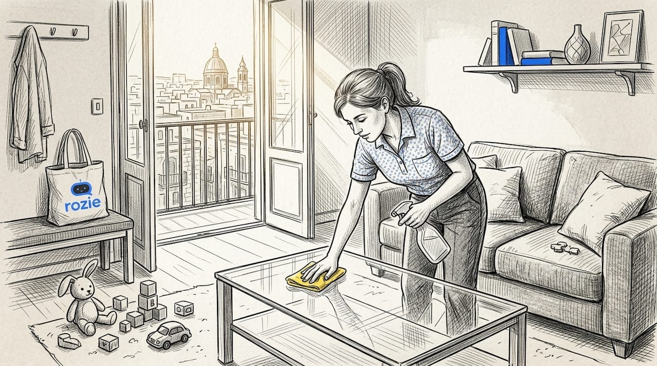 Cleaner tidying sunlit Gzira apartment living room