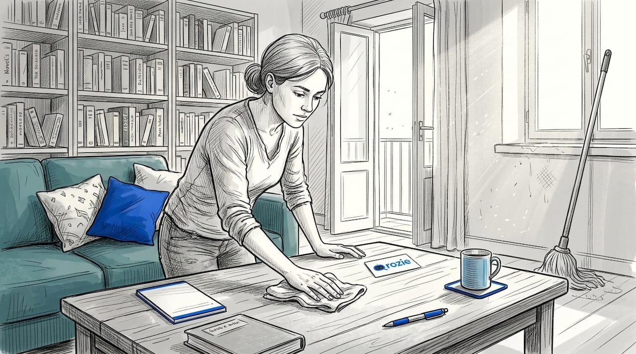 Woman cleaning living room in Msida apartment