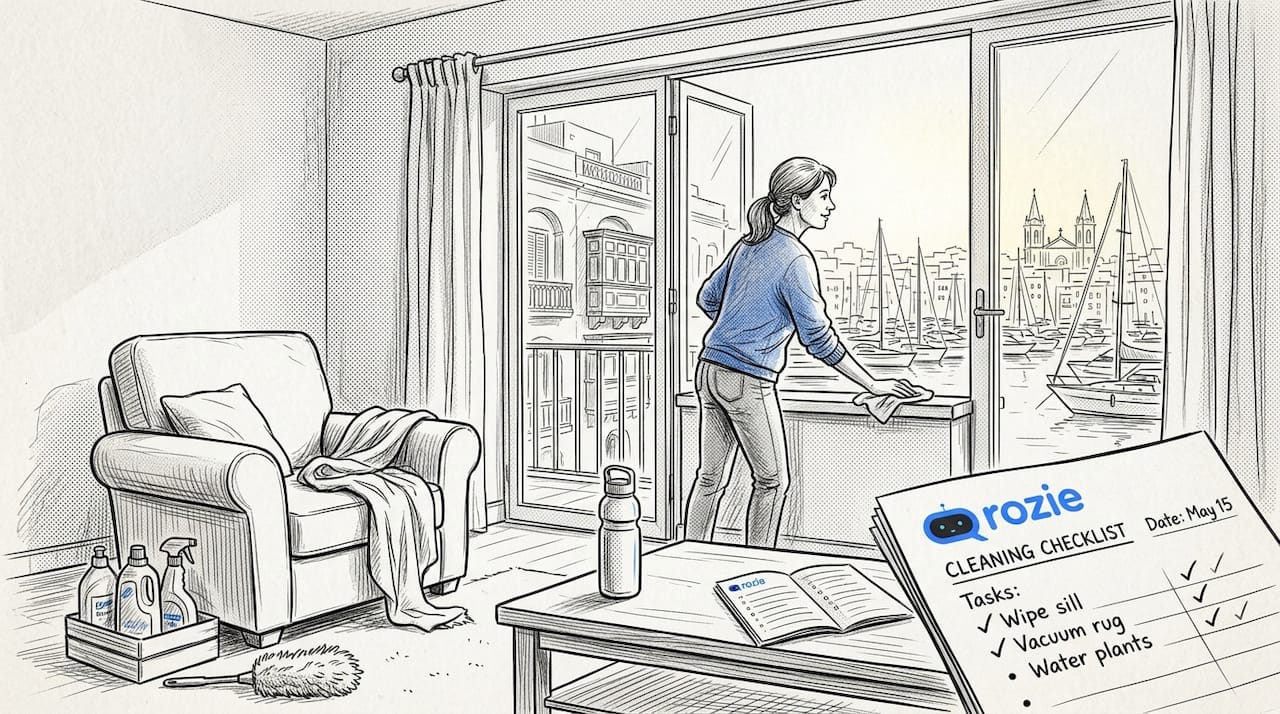 Woman cleaning windowsill in Ta' Xbiex home