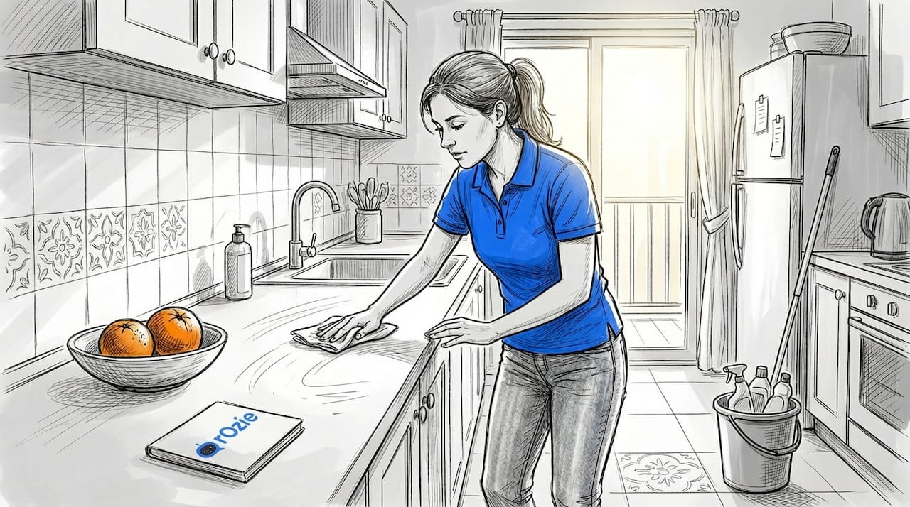 Cleaner wiping kitchen counter in Malta apartment