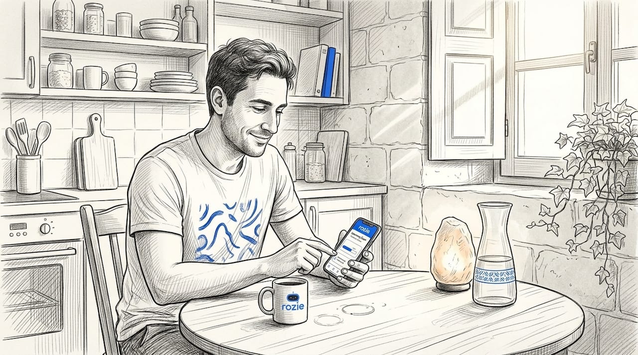 Homeowner using cleaning app at kitchen table