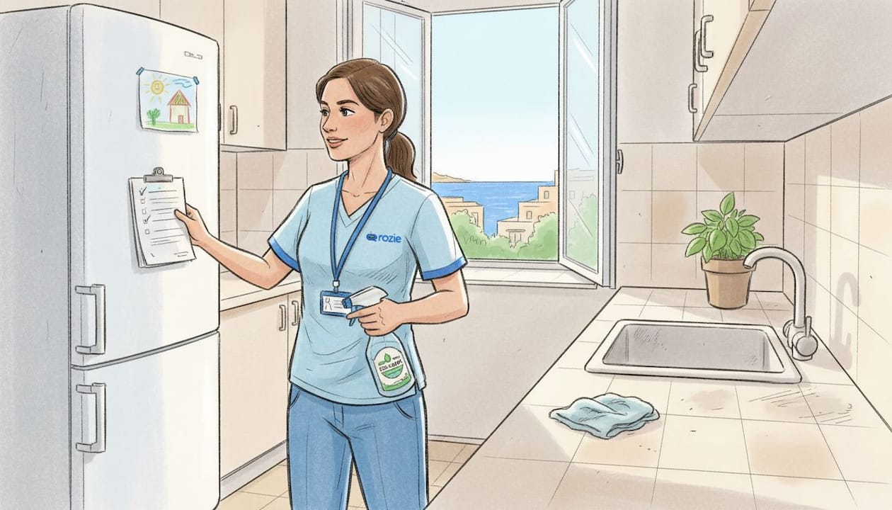 Verified cleaner wipes countertop in Maltese kitchen