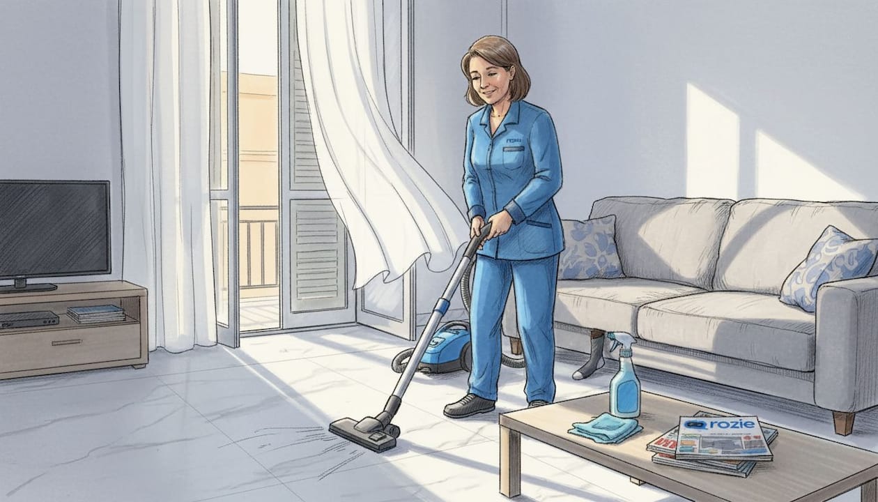 Cleaner vacuuming real Malta apartment living room