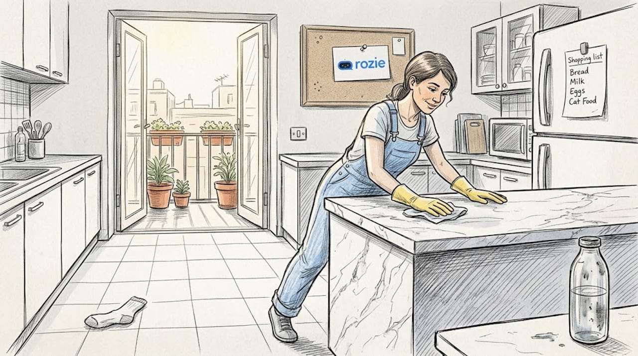 Maid cleaning bright Maltese kitchen mid-task