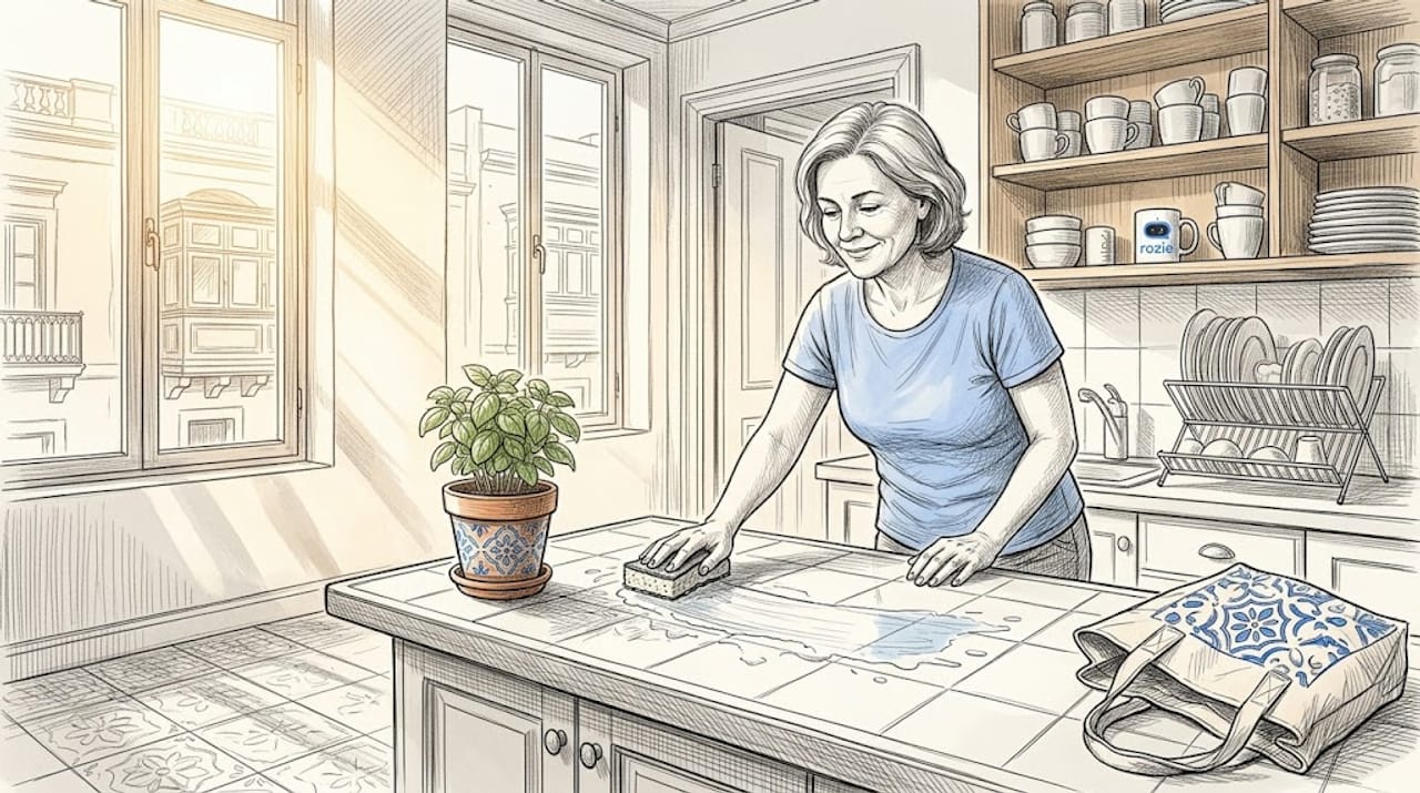 Woman cleaning kitchen in sunlit Maltese apartment