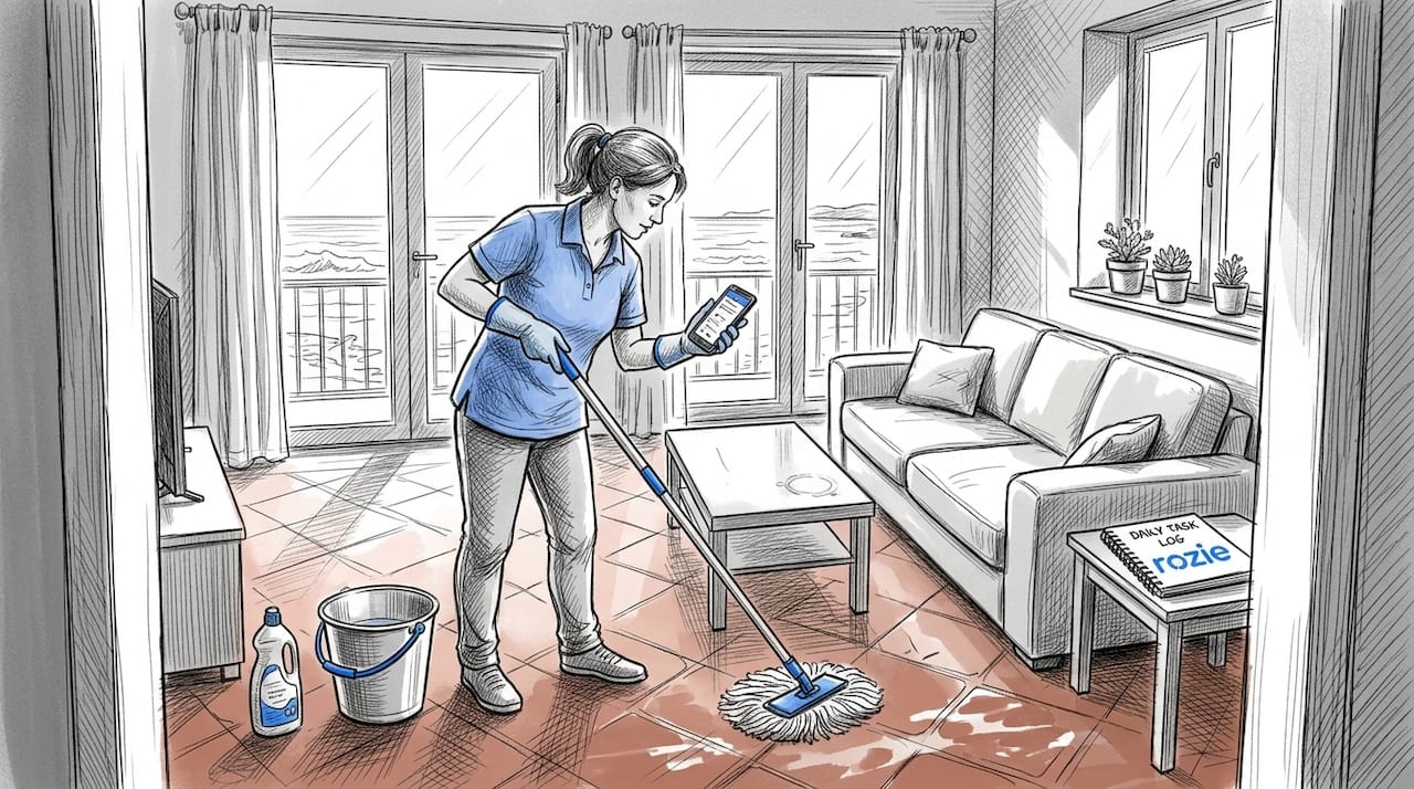 Cleaner mopping well-lit Maltese apartment