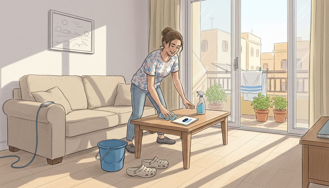 Cleaner preparing Maltese apartment living room