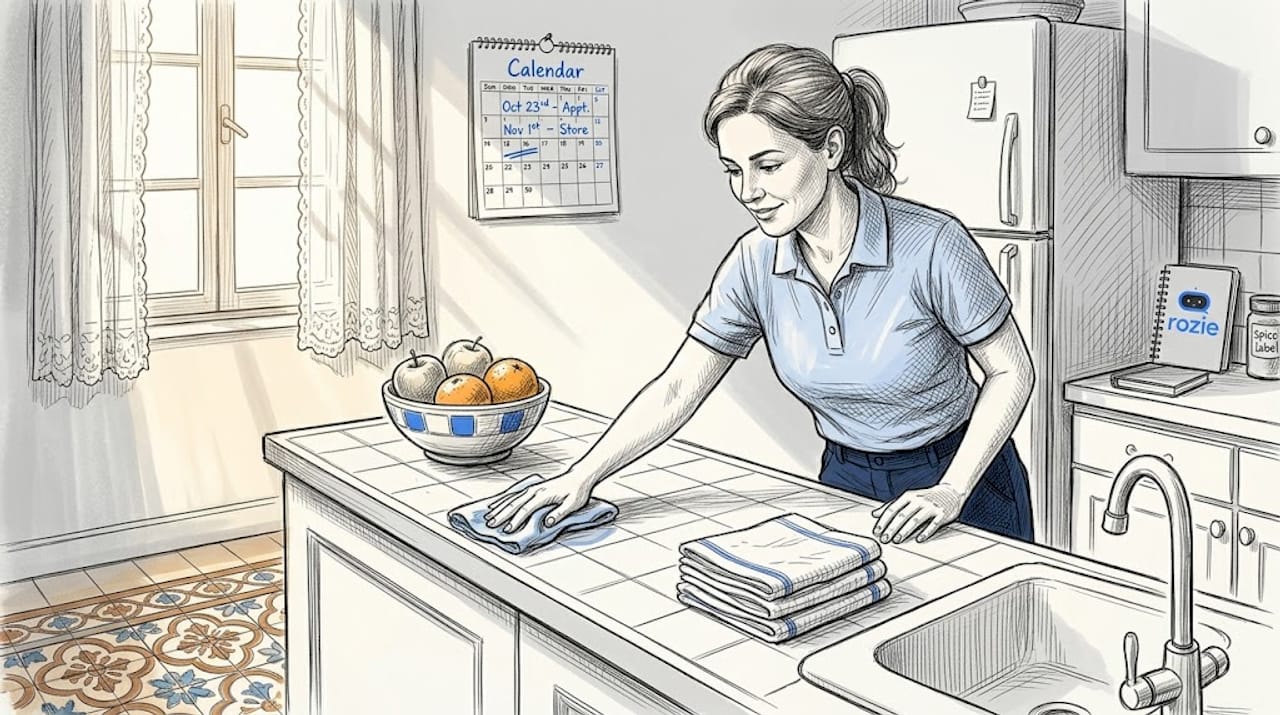 Cleaner working in bright Maltese kitchen