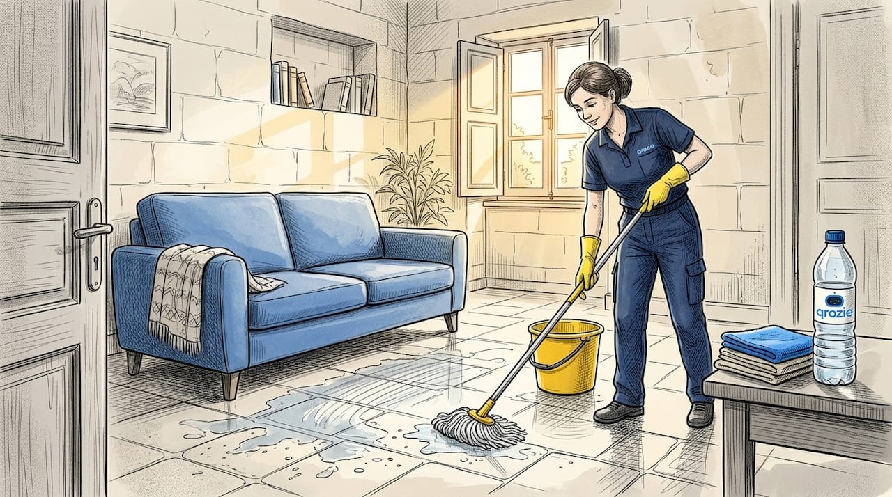 Cleaner mopping limestone floor in Malta apartment